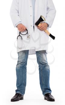 Evil medic holding a small axe and stethoscope, isolated on white