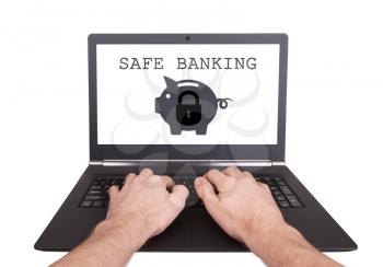 Man working on laptop, safe banking, isolated