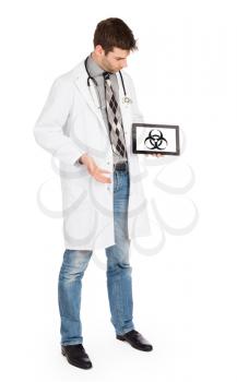 Doctor holding tablet, isolated on white - Warning! Biohazard!