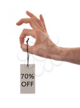 Tag tied with string, price tag - 70 percent off (isolated on white)