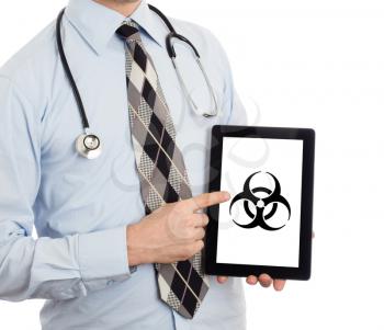 Doctor holding tablet, isolated on white - Warning! Biohazard!