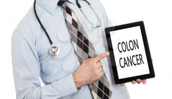Doctor, isolated on white backgroun,  holding digital tablet - Colon cancer