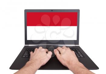 Hands working on laptop showing on the screen the flag of Indonesia