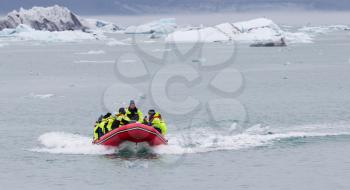 JOKULSARLON, ICELAND - July 21, 2016: Boat adventure on Jokulsarlon glacier lake on July 21, 2016.