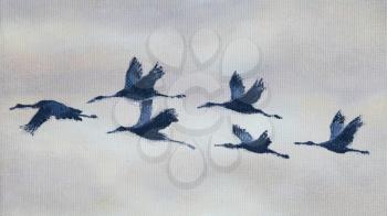 Painting of 6 birds flying in a grey sky