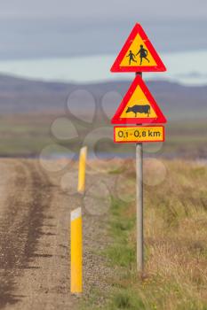 Warning signs in Iceland, selective focus on the signs