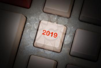Text 2019 button, happy new year 2019 concept