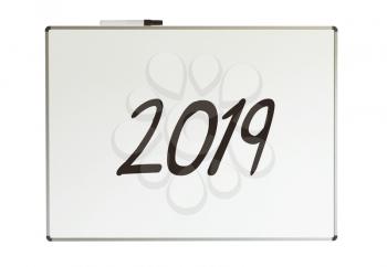 2019, message on whiteboard, isolated on a white background