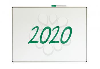 2020, message on whiteboard, isolated on a white background