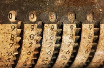 Vintage manual adding machine isolated on white, selective focus - 900