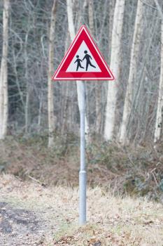 Attention children roadsign at the side of the road (the Netherlands)