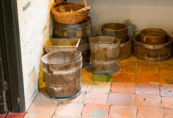 Wooden buckets in an old dutch house - Selective focus