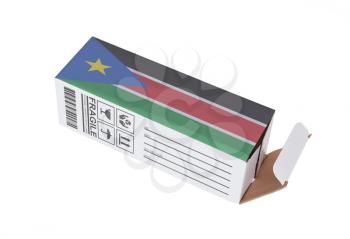 Concept of export, opened paper box - Product of South Sudan
