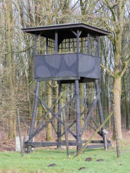 Westerbork, Netherlands - Guard tower. Former nazi deportation camp Westerbork, now a memorial site and museum.