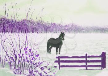 Frisian horse in a snowy meadow, painting oil, purple