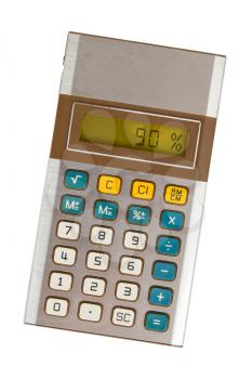 Old calculator with digital display showing a percentage - 90 percent
