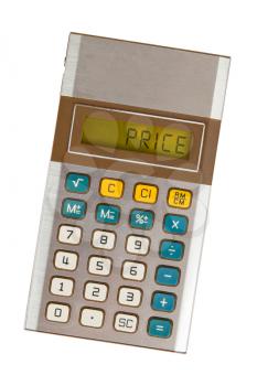 Old calculator showing a text on display - price
