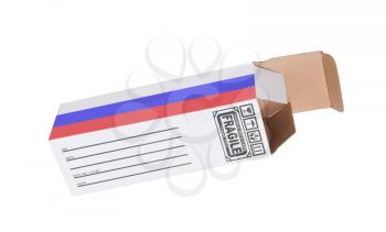Concept of export, opened paper box - Product of Russia