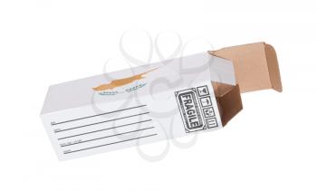 Concept of export, opened paper box - Product of Cyprus