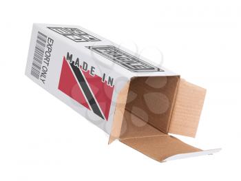 Concept of export, opened paper box - Product of Trinidad and Tobago