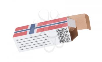 Concept of export, opened paper box - Product of Norway