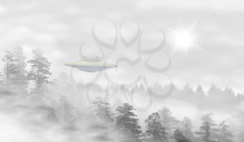 UFO in a landscape of misty forest at sunrise - concept of mystery