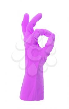 Hand gesturing with purple cleaning product glove - isolated on white