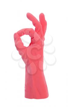Hand gesturing with red cleaning product glove - isolated on white