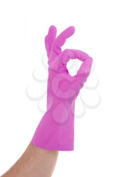 Hand gesturing with pink cleaning product glove - isolated on white