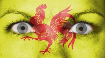 Women eye, close-up, eyes wide open, flag of Wallonia