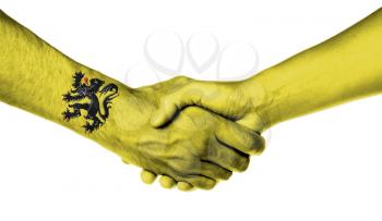Man and woman shaking hands, wrapped in flag pattern, Flanders