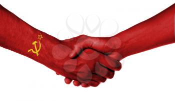 Man and woman shaking hands, wrapped in flag pattern, USSR