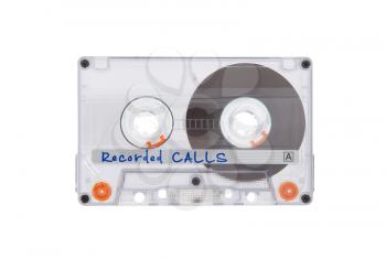 Vintage audio cassette tape, isolated on white background, recorded calls