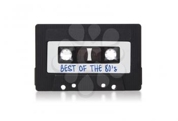 Vintage audio cassette tape, isolated on white background, best of the 80s