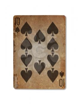 Very old playing card isolated on a white background, ten of spades