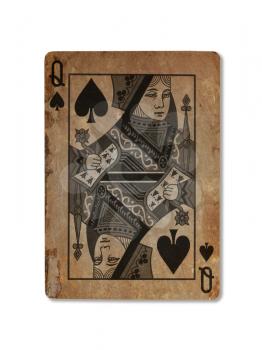 Very old playing card isolated on a white background, Queen of spades
