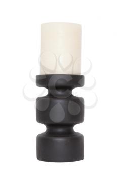 Dirty candle holder with white candle in it isolated over white background