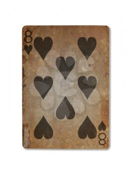 Very old playing card isolated on a white background, eight of hearts