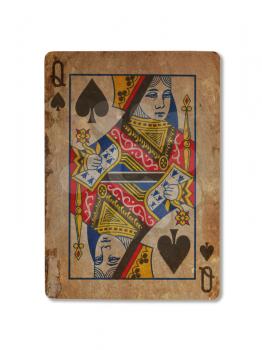 Very old playing card isolated on a white background, Queen of spades