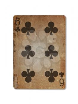 Very old playing card isolated on a white background, six of clubs