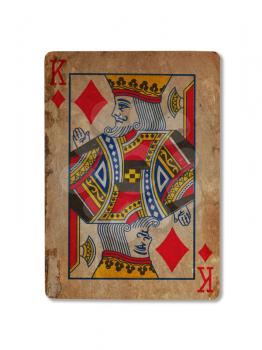 Very old playing card isolated on a white background, King of diamonds
