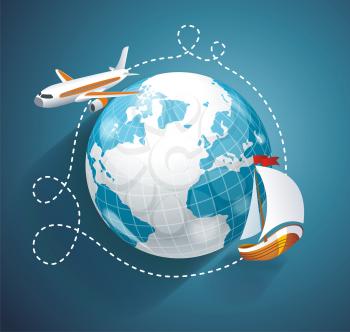 Vector illustration of a world globe, an airplane and yacht. Cruise or logistic symbol