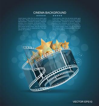 Film strip roll with gold star. Vector cinema background. 
