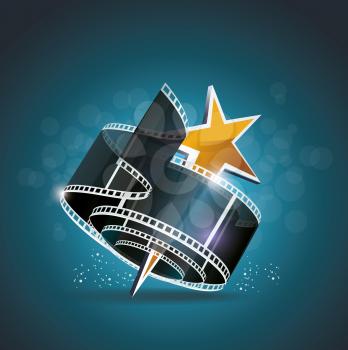 Film strip roll with gold star. Vector cinema background.