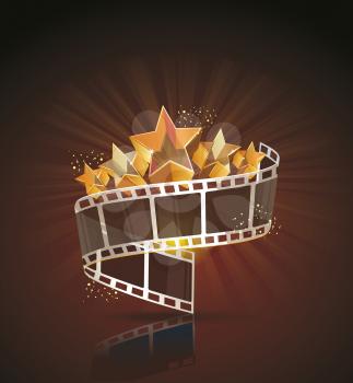 Film strip roll with gold stars. Vector cinema background.