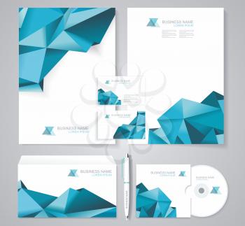 Corporate identity template with blue polygonal design elements. Documentation for business. 