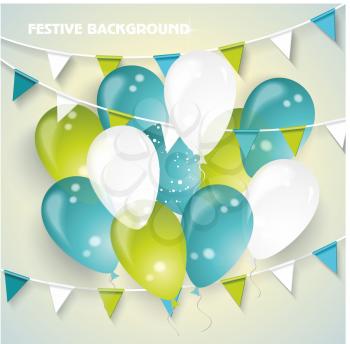 Festive vector background with colorful balloons, pennants and confetti. Birthday background.