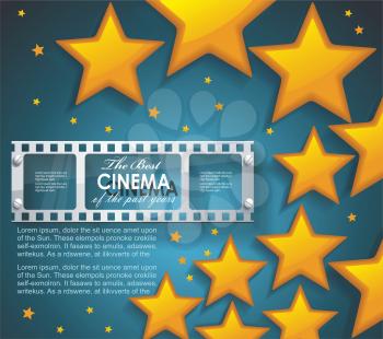 Old Cinema banner with gold stars and film tape. Vector cinema background.