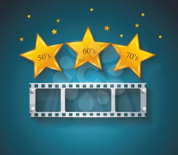 Old Cinema banner with gold stars and film tape. Vector cinema background.
