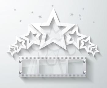 Cinema banner with white paper stars and film tape. Vector cinema background.
